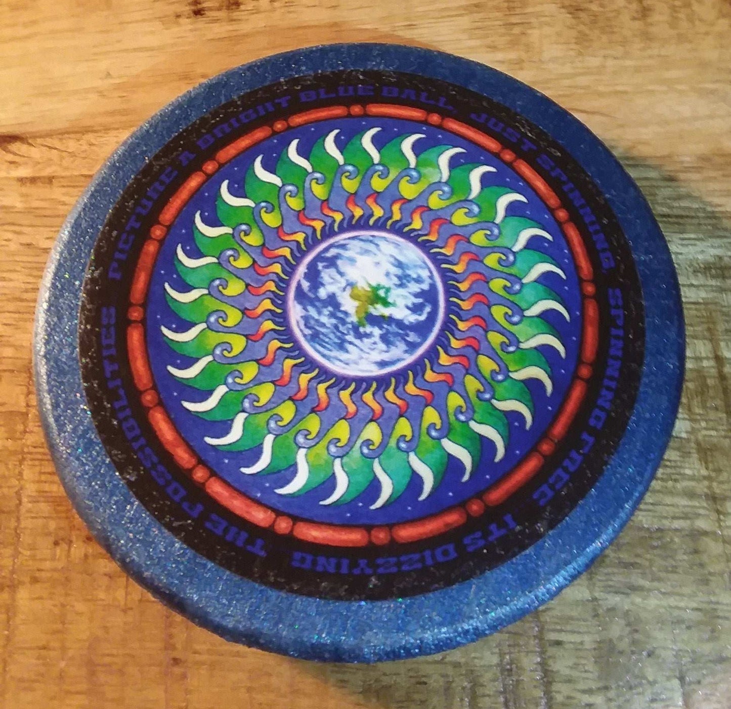 "Throwing Stones" Coaster 4 inch "Picture A Bright Blue Ball Just Spinning, Spinning Free"