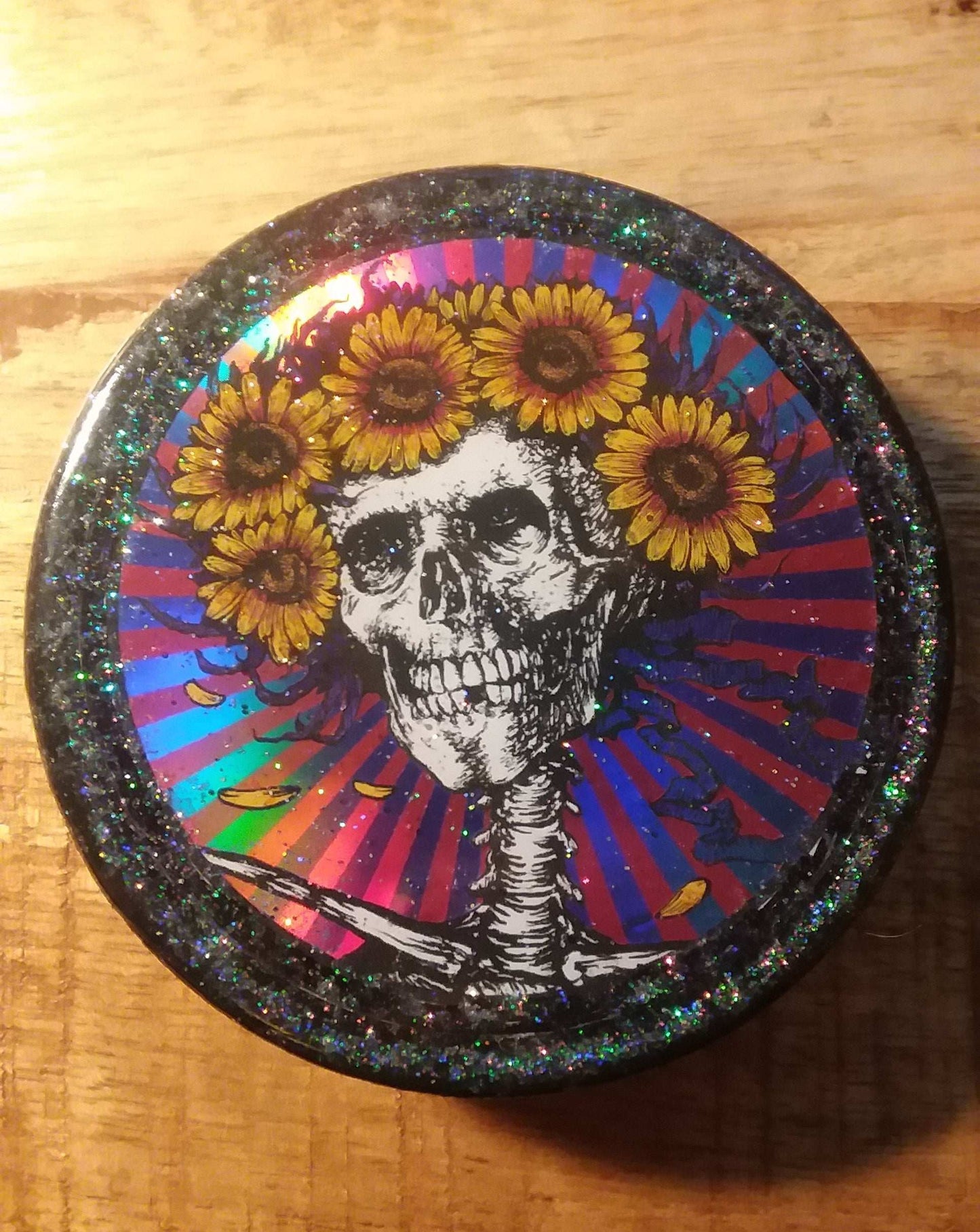 Bertha w/ Sunflowers R. Biffle design printed on prism material w Dayo Knight micro rainbow sparkle