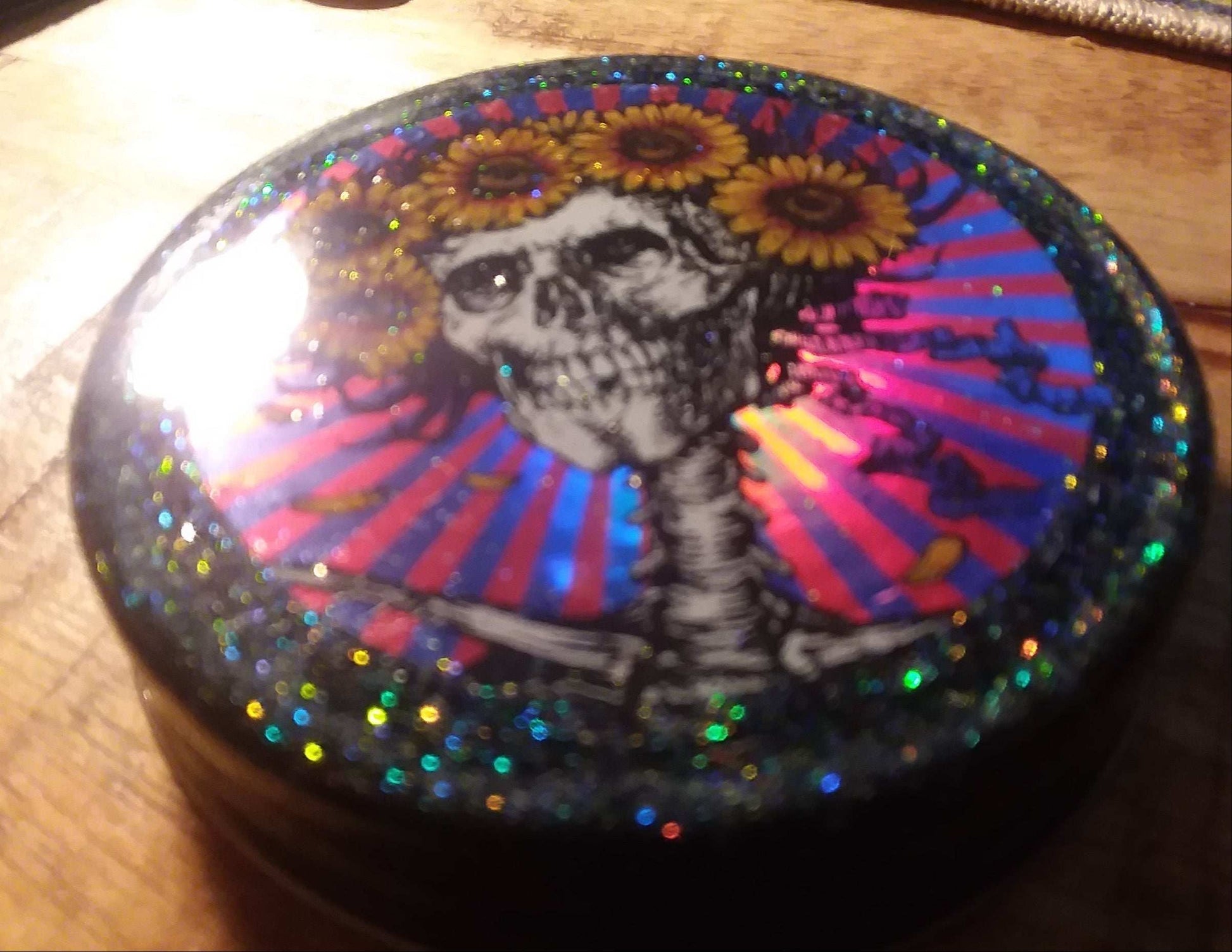 Bertha w/ Sunflowers R. Biffle design printed on prism material w Dayo Knight micro rainbow sparkle
