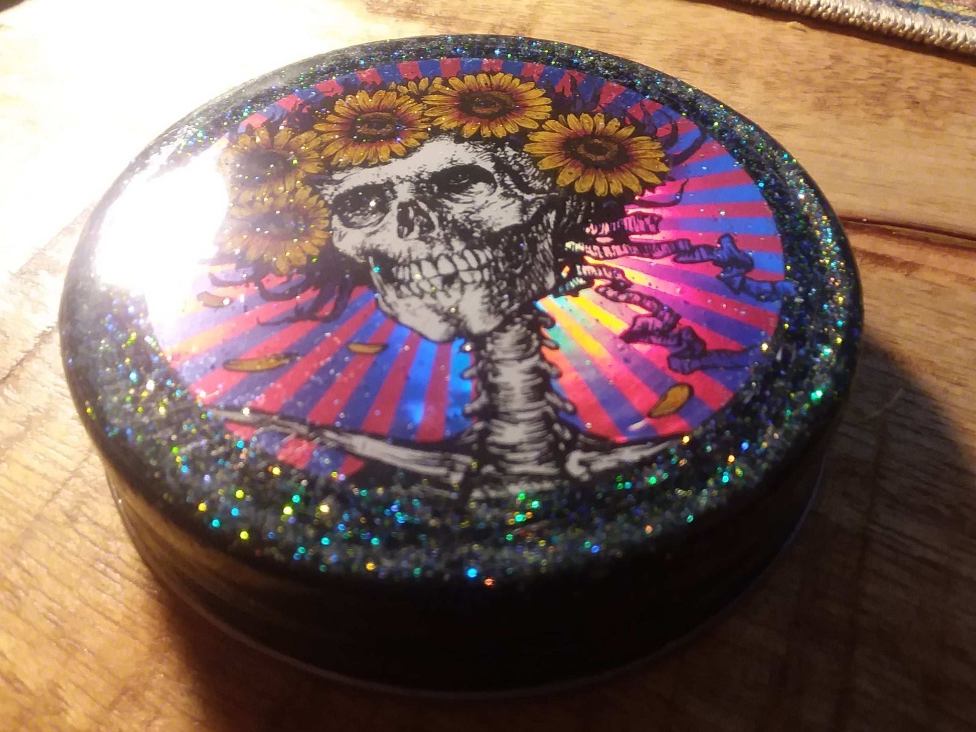Bertha w/ Sunflowers R. Biffle design printed on prism material w Dayo Knight micro rainbow sparkle