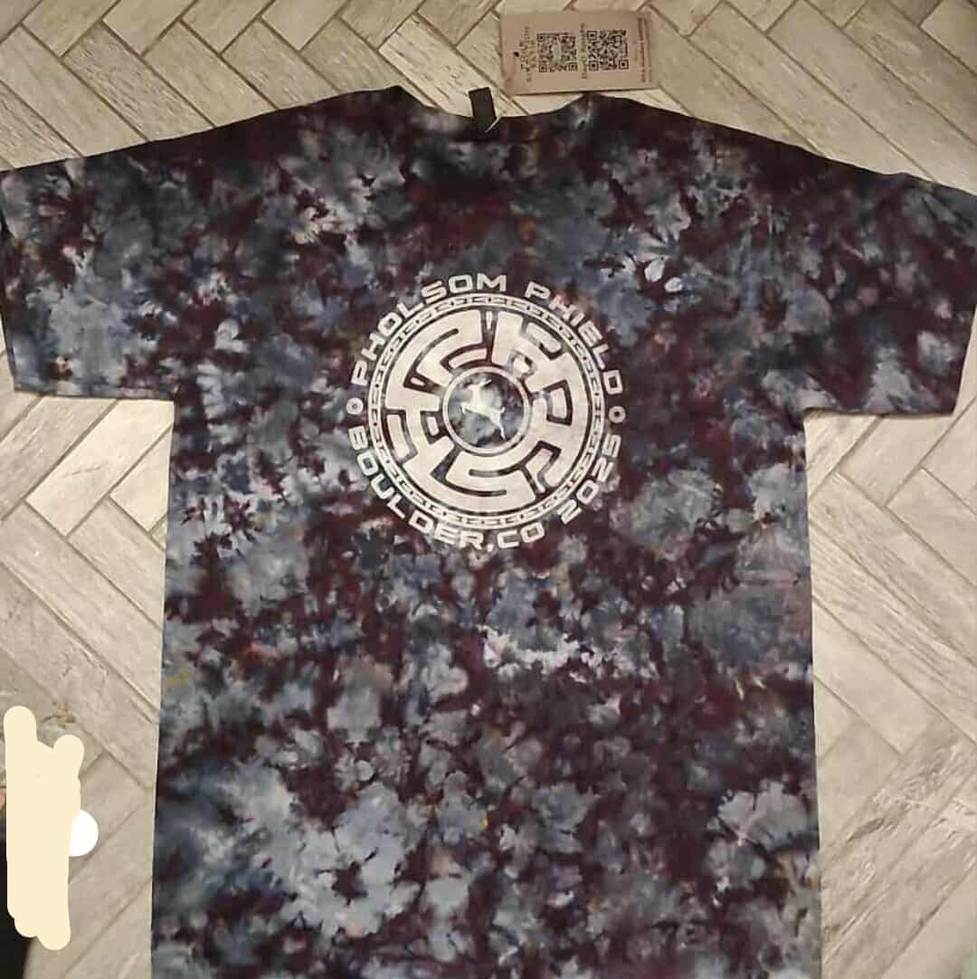 ce dyed Phish Folsom Field Boulder, CO 2025 T-shirt. Reverse print (Dye removed-no ink printed) Rizzi DayO Knight Four Direction Batik, Dyed by: The Garden Gelfing 